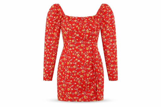 PrettyLittleThing Women's Red Floral Off Shoulder Bodycon Dress Size 8