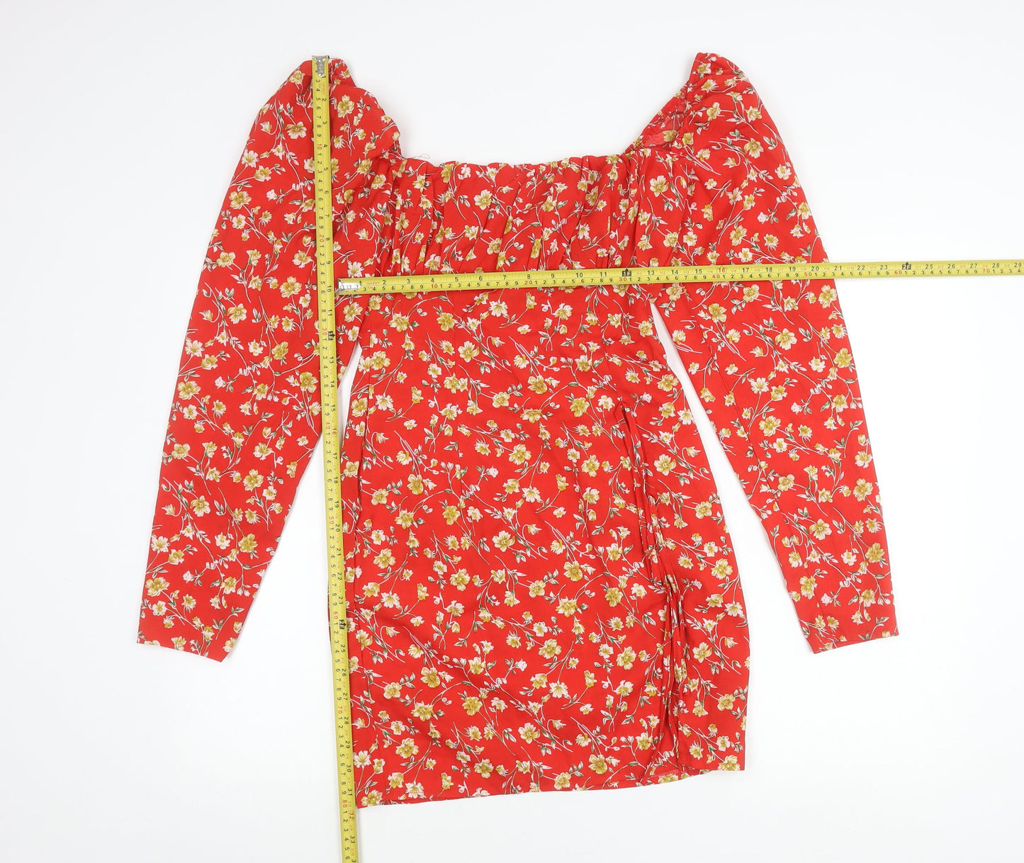 PrettyLittleThing Women's Red Floral Off Shoulder Bodycon Dress Size 8