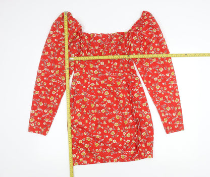 PrettyLittleThing Women's Red Floral Off Shoulder Bodycon Dress Size 8