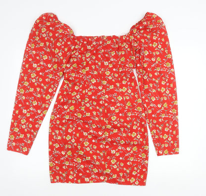 PrettyLittleThing Women's Red Floral Off Shoulder Bodycon Dress Size 8