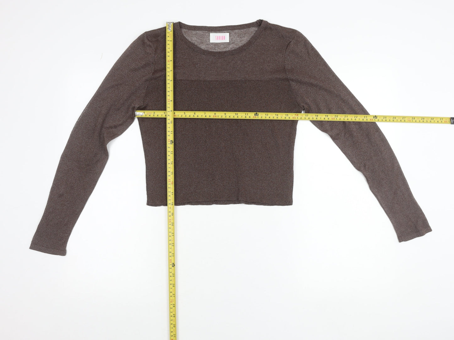 Savida Women Brown L Cropped Long Sleeve Knit Top