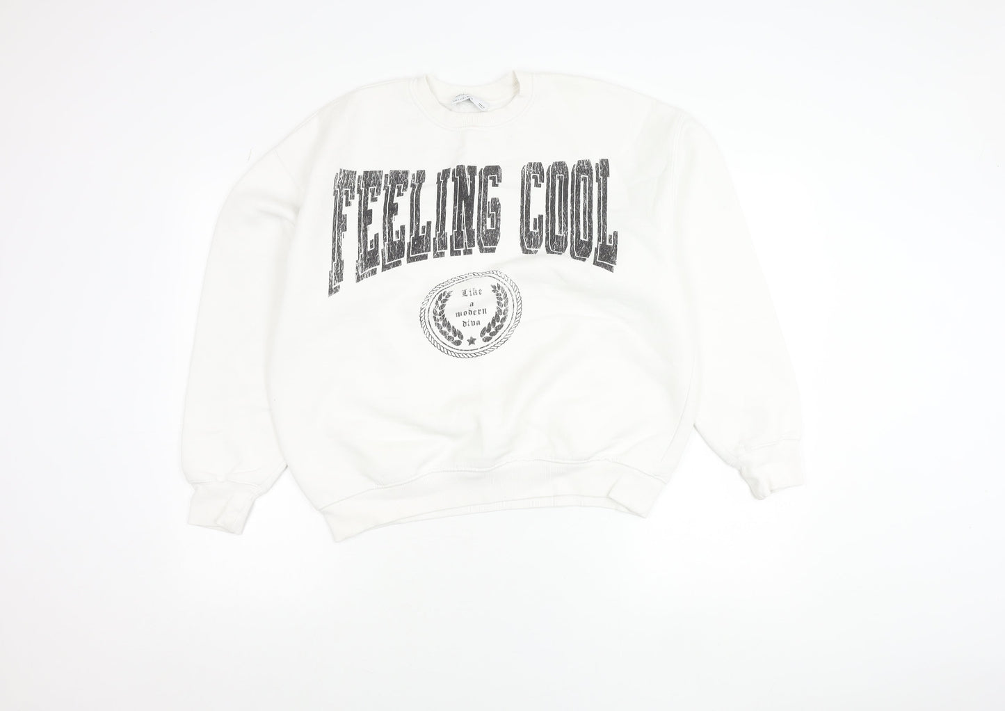 Bershka Women White Pullover Sweatshirt S Crew Neck Graphic Print 'Feeling Cool'