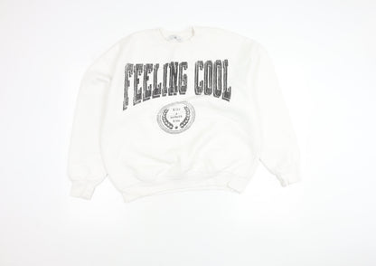 Bershka Women White Pullover Sweatshirt S Crew Neck Graphic Print 'Feeling Cool'