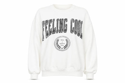 Bershka Women White Pullover Sweatshirt S Crew Neck Graphic Print 'Feeling Cool'