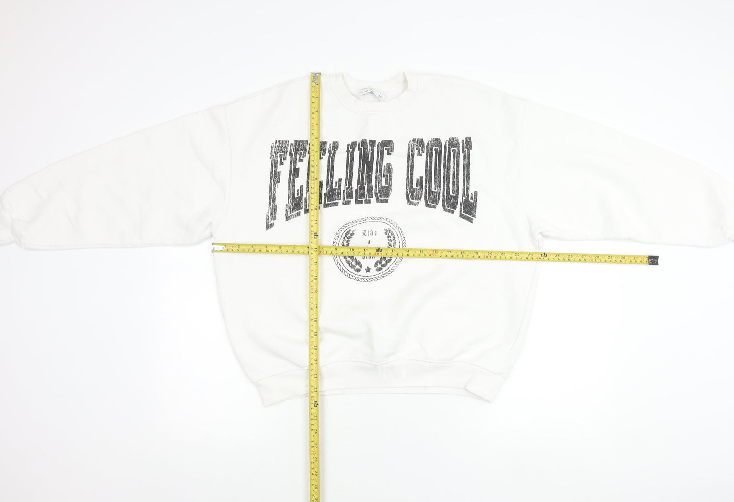 Bershka Women White Pullover Sweatshirt S Crew Neck Graphic Print 'Feeling Cool'