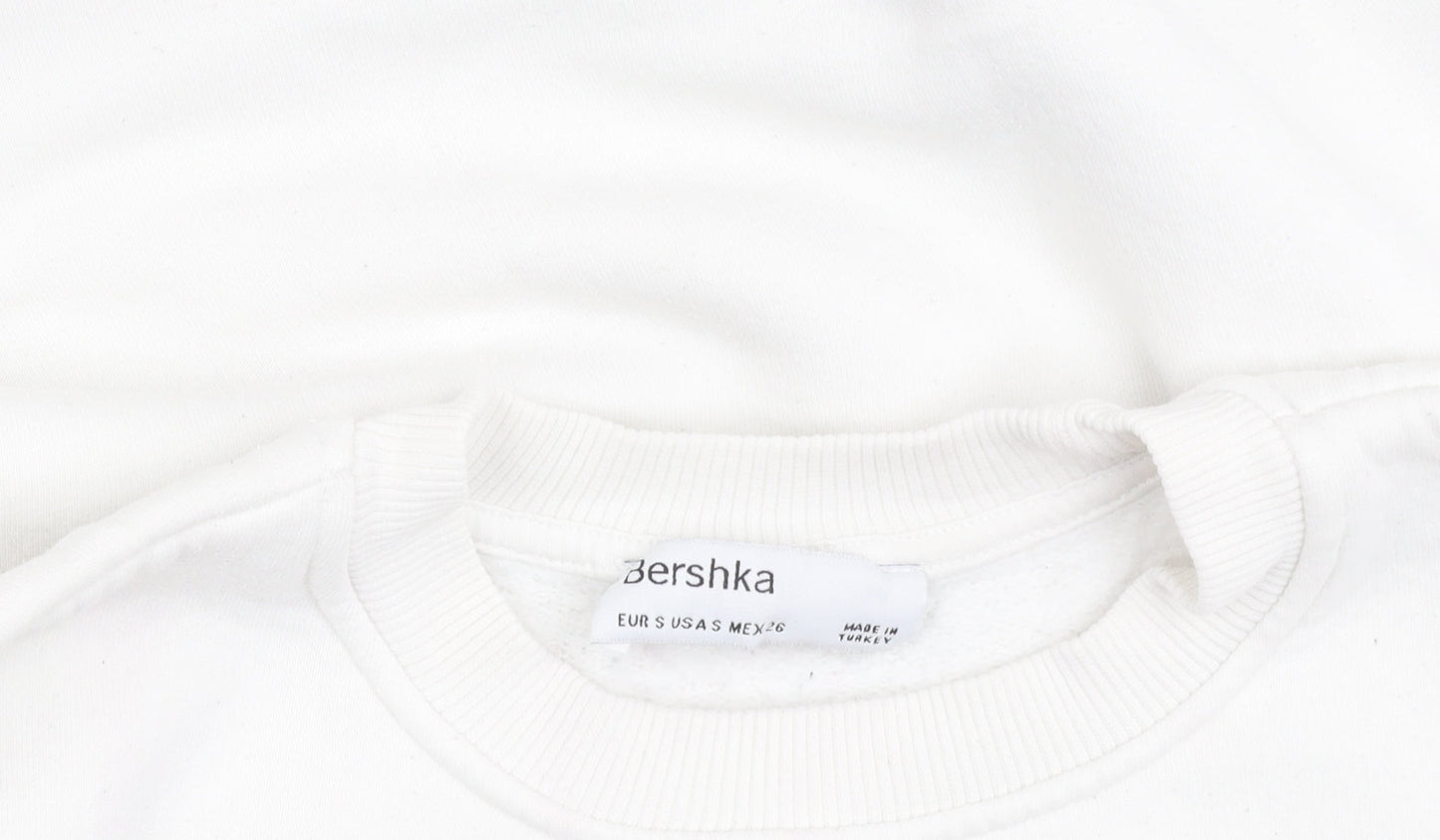 Bershka Women White Pullover Sweatshirt S Crew Neck Graphic Print 'Feeling Cool'