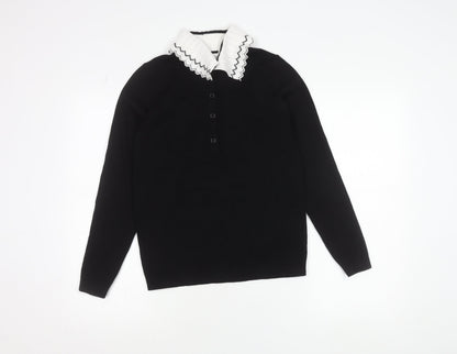 Gallery Women's Black Collared Henley Knit Jumper Size S
