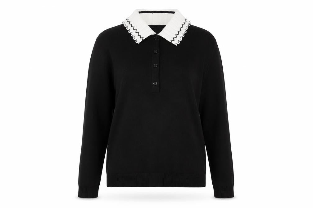 Front view of Gallery Women's Black Collared Henley Knit Jumper, size S