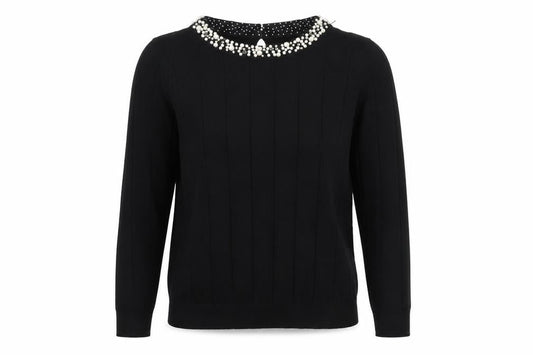 Front view of Gallery women’s black beaded crew neck long sleeve knit blouse, size S