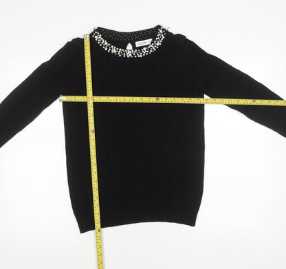 Gallery Womens Black Beaded Crew Neck Long Sleeve Knit Blouse Size S