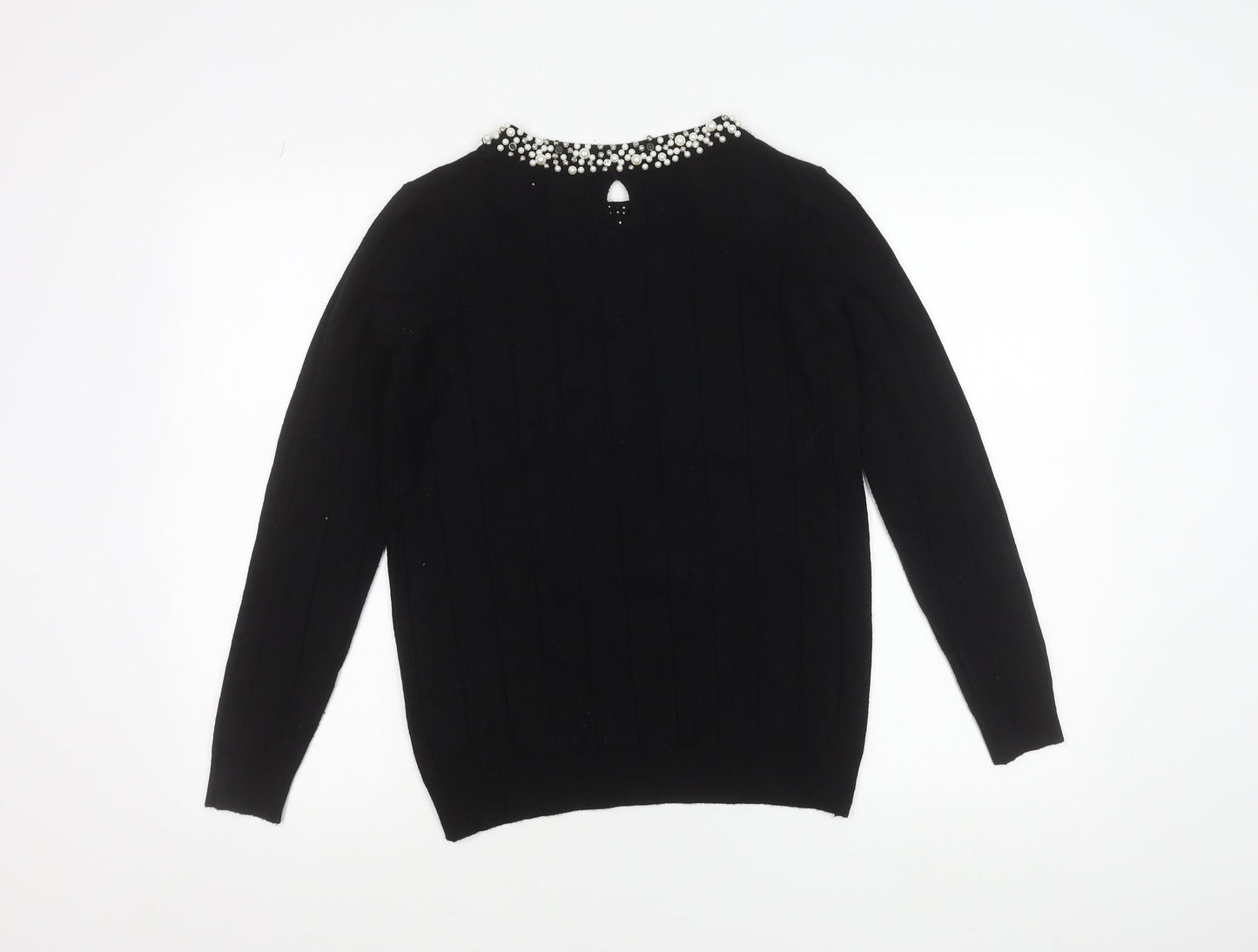 Gallery Womens Black Beaded Crew Neck Long Sleeve Knit Blouse Size S