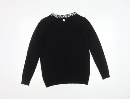 Gallery Womens Black Beaded Crew Neck Long Sleeve Knit Blouse Size S