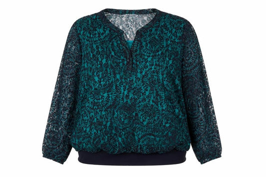 Front view of Gerard Women's Green Lace Long Sleeve V-Neck Tunic Blouse, size 20