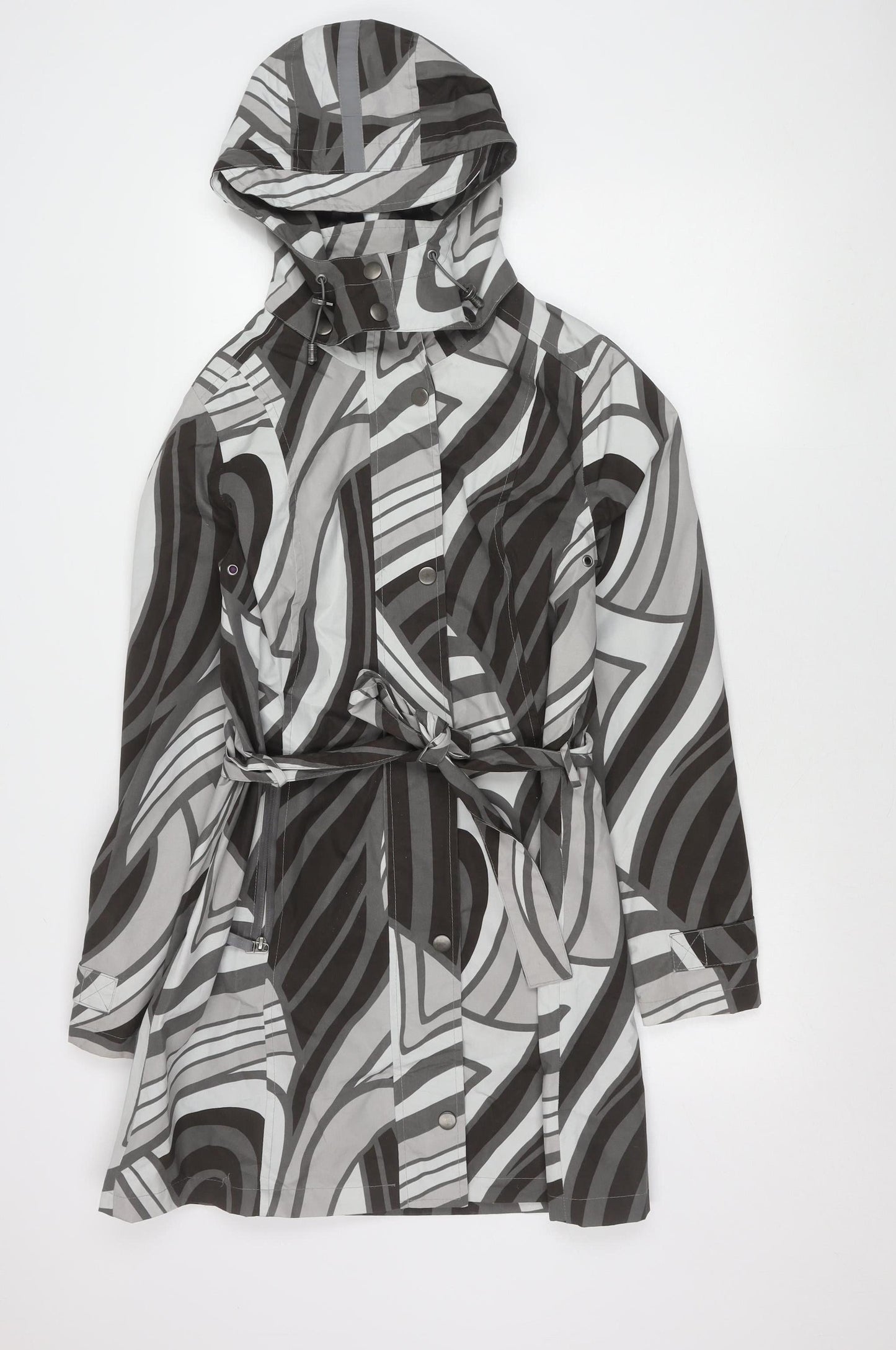 ETAGE Womens Grey Geometric Hooded Rain Coat Size 8 Belted Long Polyester