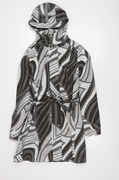 ETAGE Womens Grey Geometric Hooded Rain Coat Size 8 Belted Long Polyester