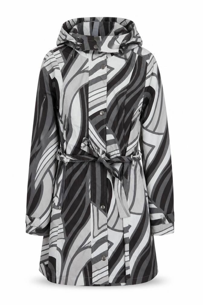 Front view of ETAGE women’s grey geometric hooded rain coat, size UK 8, belted long polyester