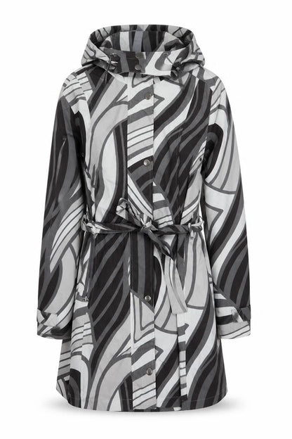 Front view of ETAGE women’s grey geometric hooded rain coat, size UK 8, belted long polyester