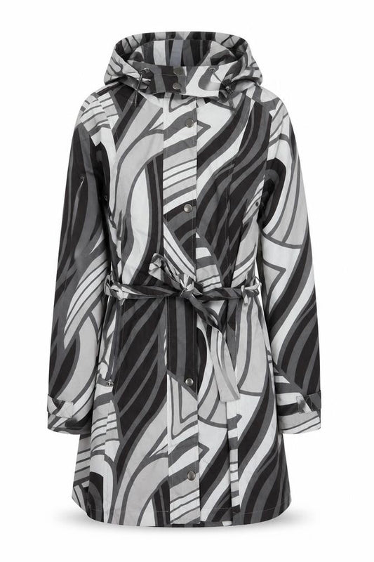ETAGE Womens Grey Geometric Hooded Rain Coat Size 8 Belted Long Polyester