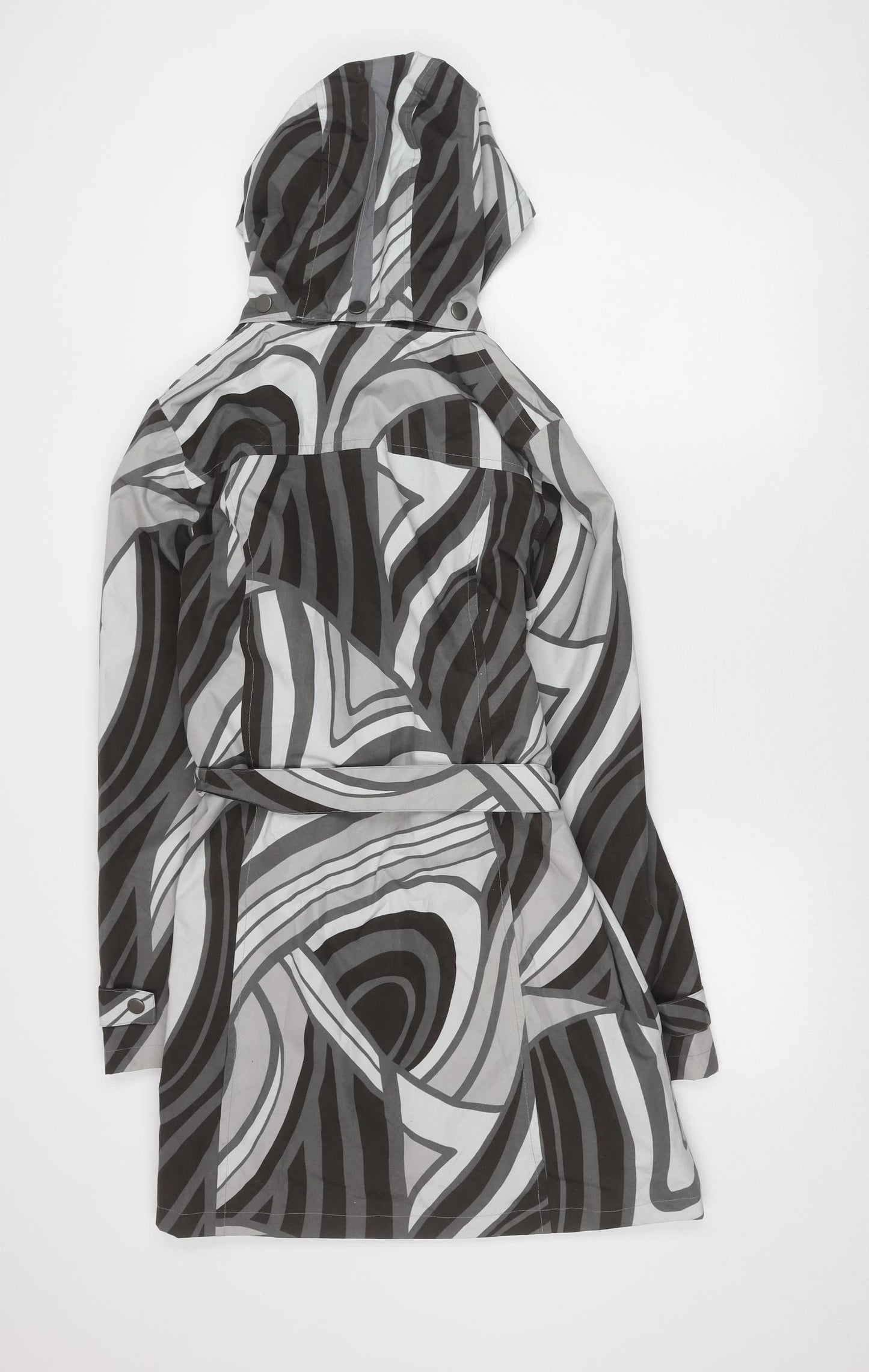 ETAGE Womens Grey Geometric Hooded Rain Coat Size 8 Belted Long Polyester