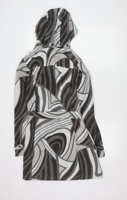 ETAGE Womens Grey Geometric Hooded Rain Coat Size 8 Belted Long Polyester