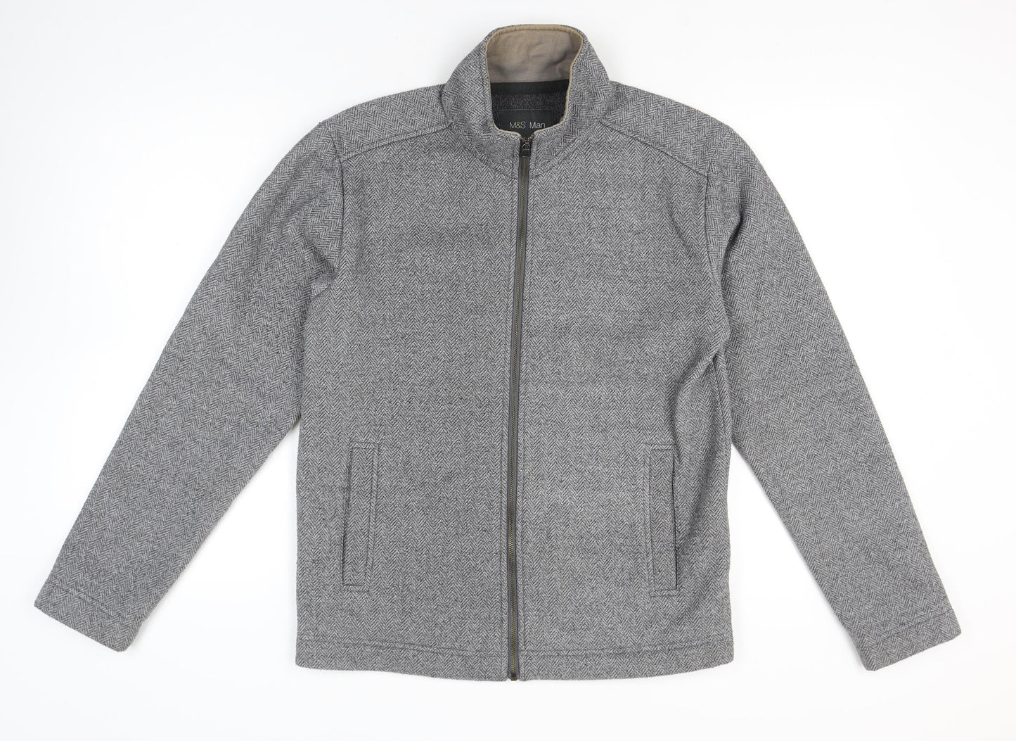 Marks and Spencer Men's Grey Herringbone Full Zip Jacket Size S