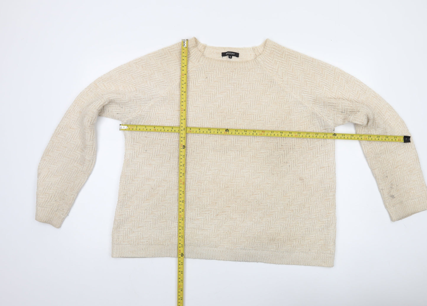 Mystify Womens Beige XL Pullover Knit Jumper Herringbone Crew Neck