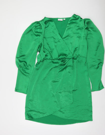Vila Women’s Green Wrap Dress Size 14 Satin Party Long Sleeve