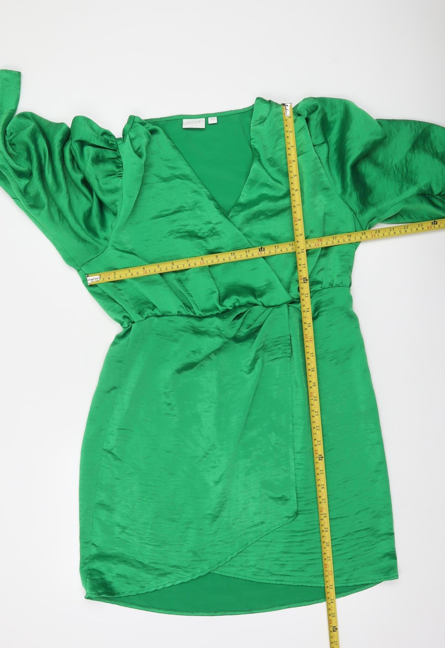 Vila Women’s Green Wrap Dress Size 14 Satin Party Long Sleeve