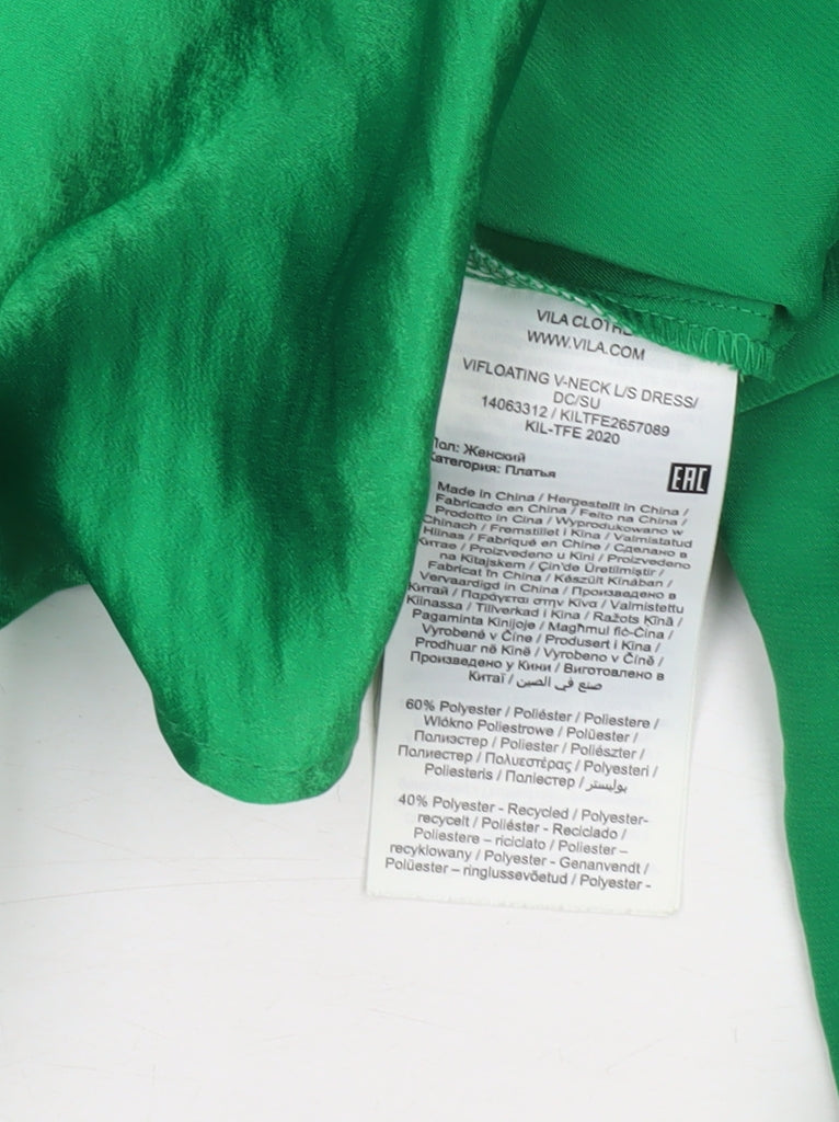 Vila Women’s Green Wrap Dress Size 14 Satin Party Long Sleeve