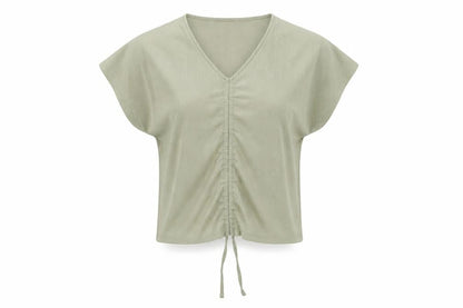 Front view of Dunnes Women’s Green V-Neck Cropped Drawstring Top, size S