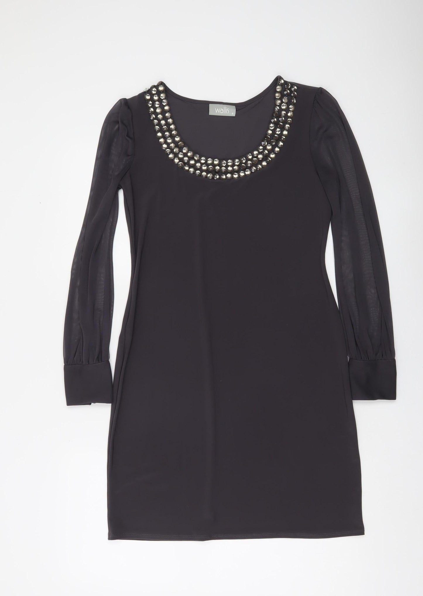 Wallis Women’s Black Beaded Neck Shift Dress Size 8 Long Sleeve