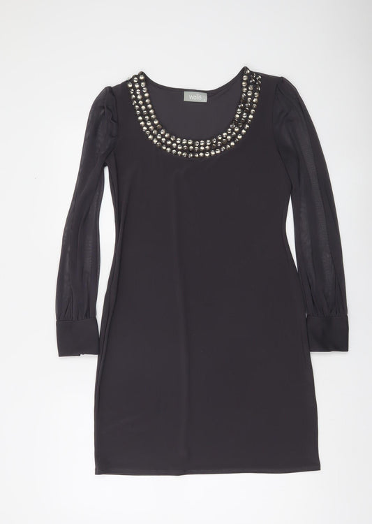 Wallis Women’s Black Beaded Neck Shift Dress Size 8 Long Sleeve