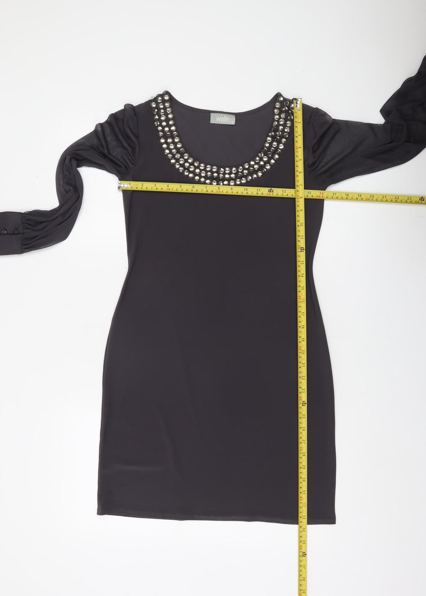 Wallis Women’s Black Beaded Neck Shift Dress Size 8 Long Sleeve