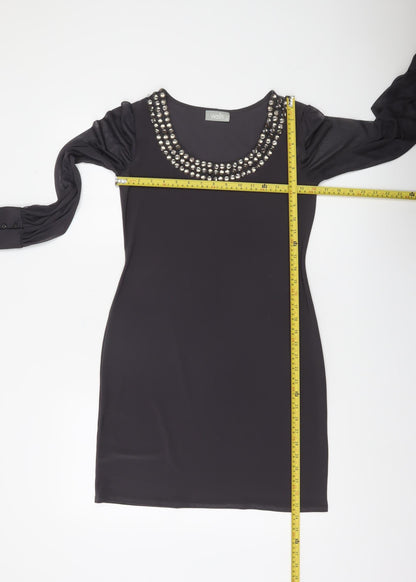 Wallis Women’s Black Beaded Neck Shift Dress Size 8 Long Sleeve