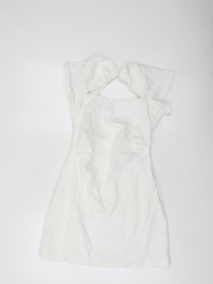 Zara Women White XS Fit & Flare Puff Sleeve Cut Out Summer Dress