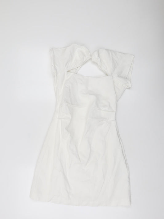 Zara Women White XS Fit & Flare Puff Sleeve Cut Out Summer Dress
