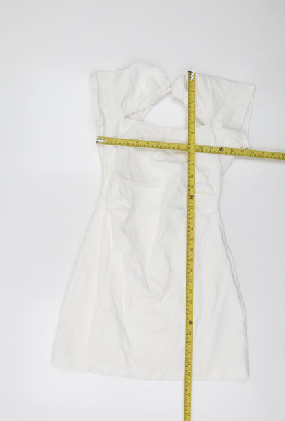 Zara Women White XS Fit & Flare Puff Sleeve Cut Out Summer Dress