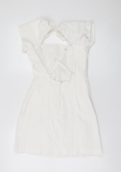 Zara Women White XS Fit & Flare Puff Sleeve Cut Out Summer Dress