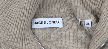 Jack & Jones Men’s Beige XL 1/2 Zip High Neck Knit Jumper