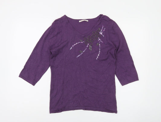 Anna Rose Women's Purple Embellished V-Neck 3/4 Sleeve Pullover Jumper S