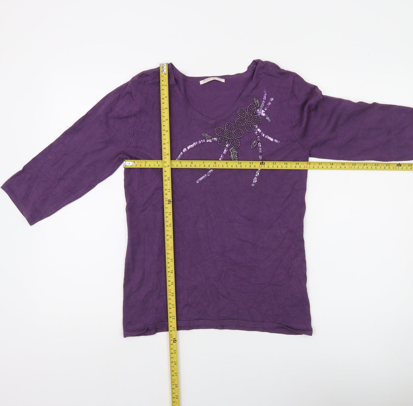 Anna Rose Women's Purple Embellished V-Neck 3/4 Sleeve Pullover Jumper S