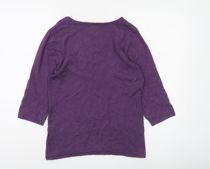 Anna Rose Women's Purple Embellished V-Neck 3/4 Sleeve Pullover Jumper S