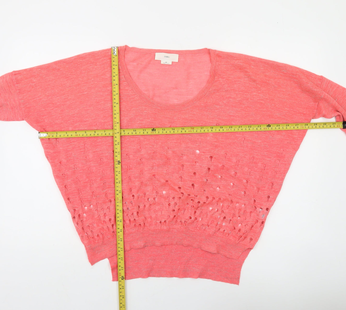 Charli Womens Pink Linen Blend Open Knit Scoop Neck Jumper Size S