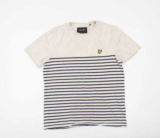 Lyle & Scott Men's Beige Navy Striped Cotton Crew Neck T-Shirt Size M