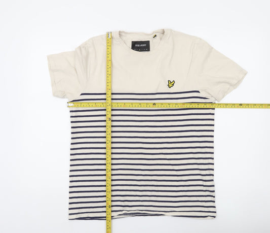 Lyle & Scott Men's Beige Navy Striped Cotton Crew Neck T-Shirt Size M