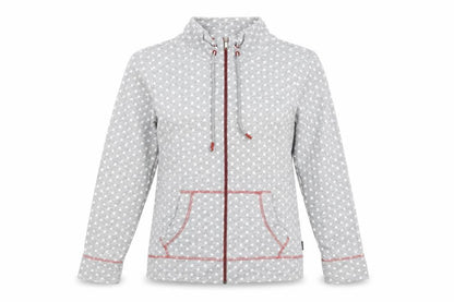 Front view of Cecil women’s grey star print full zip hoodie, size M, cotton blend