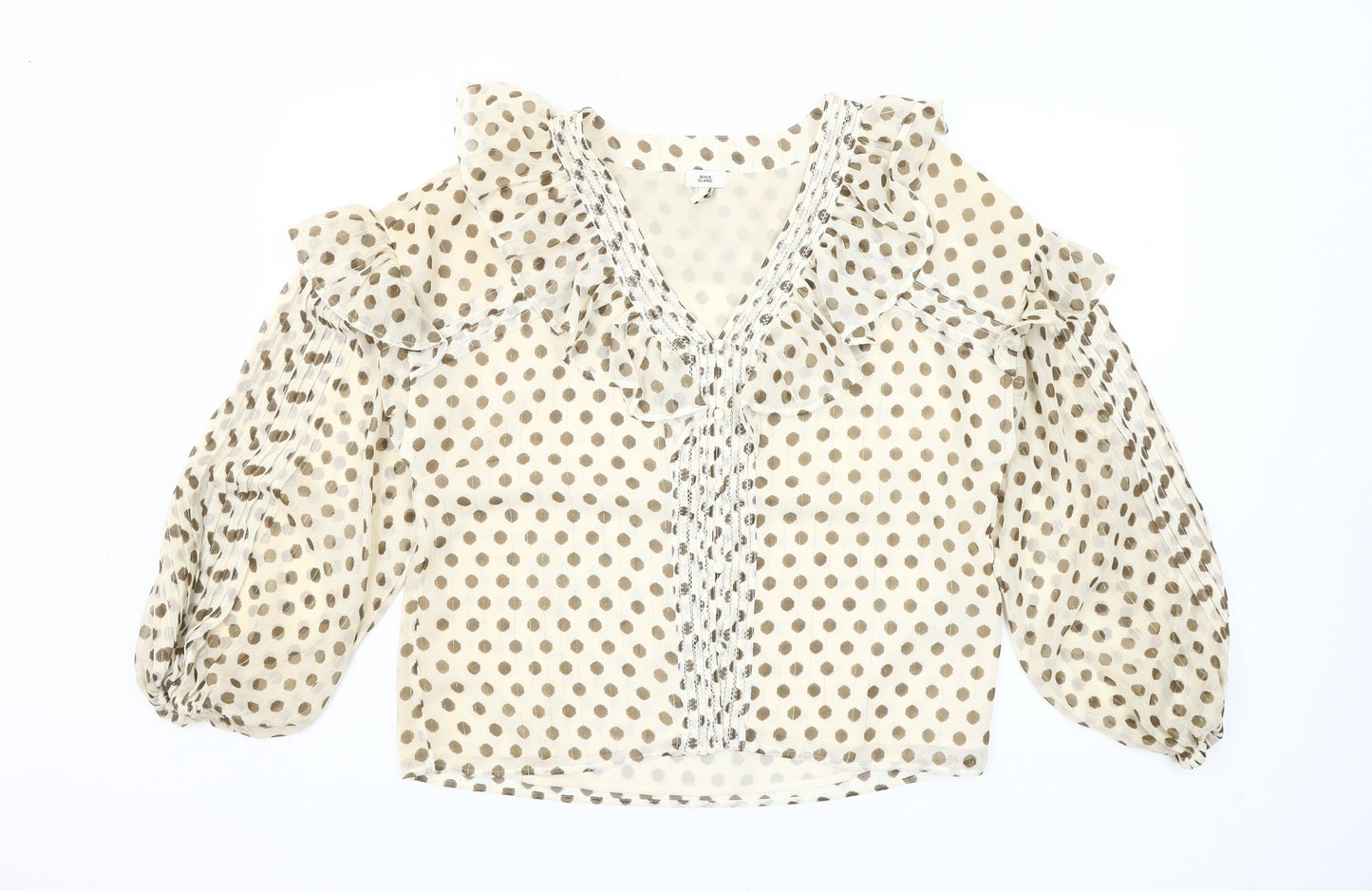 River Island Women Beige Polka Dot Ruffle Chiffon Blouse Size 10