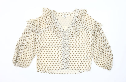 River Island Women Beige Polka Dot Ruffle Chiffon Blouse Size 10