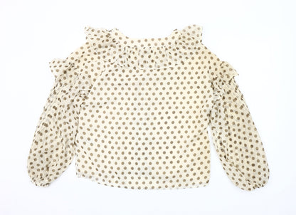 River Island Women Beige Polka Dot Ruffle Chiffon Blouse Size 10