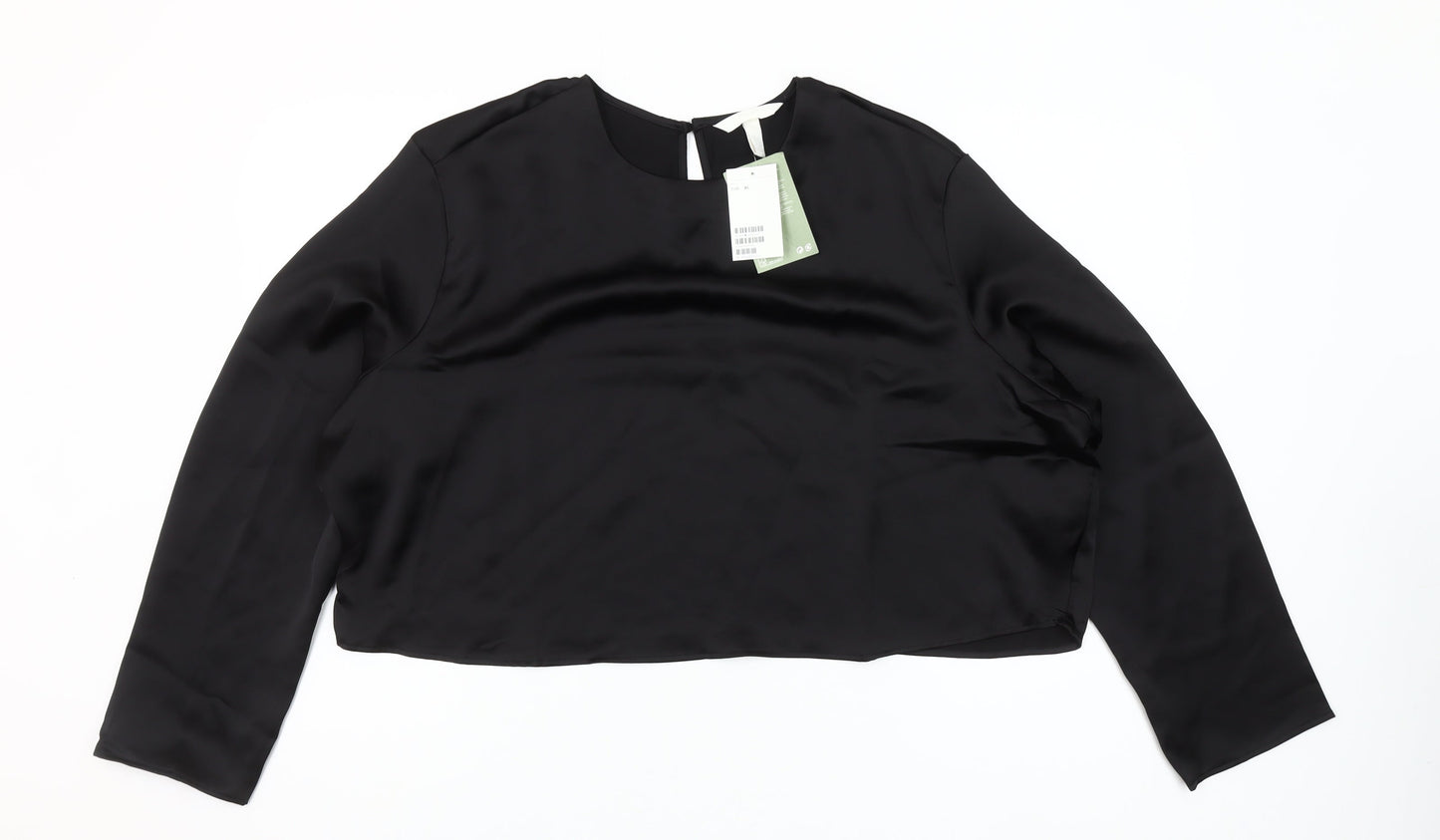 H&M Women Black Satin Cropped Blouse Size 16 Long Sleeve Top